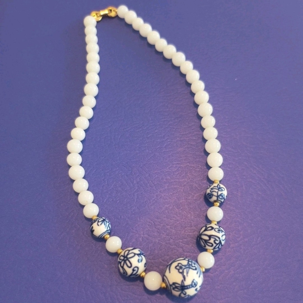 Elegant White and Blue Beaded Necklace